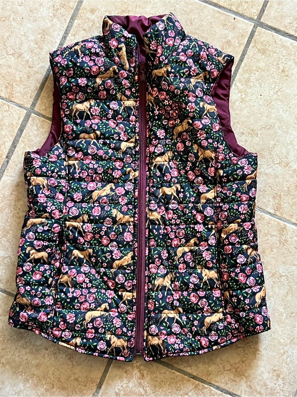 Ariat Girls Floral & Horse Print Puffer Vest in Maroon and Pink
